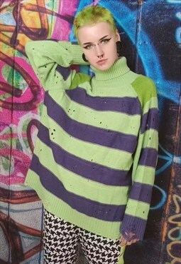 Ripped stripe sweater Zigzag jumper in acid green and purple