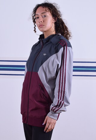 MAROON AND GREY ADIDAS TREFOIL HOODED TRACKSUIT TOP