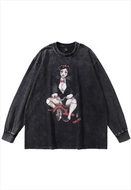Creepy doll  t-shirt vintage wash horror movie long tee grey