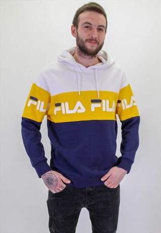 VINTAGE FILA SPELL OUT LOGO HOODIE IN YELLOW MEDIUM