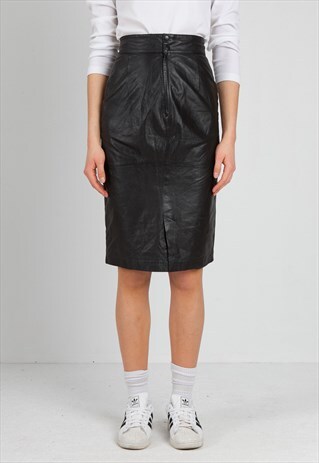 VINTAGE BLACK LEATHER MIDI SKIRT