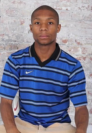 VINTAGE NIKE LOGO STRIPED POLO SHIRT BLUE BLACK