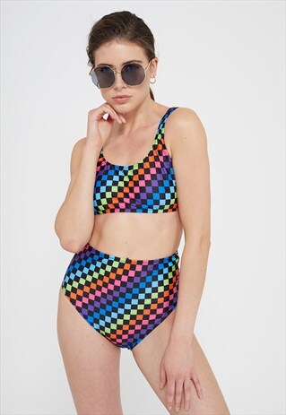 HIGH WAISTED BIKINI IN RAINBOW CHECKERBOARD PRINT