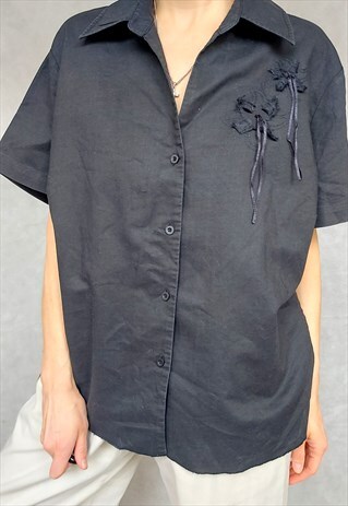 VINTAGE BLACK LINEN AND VISCOSE SHIRT, XL SIZE