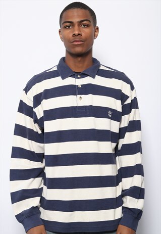 VINTAGE TIMBERLAND LONG SLEEVED RUGBY POLO SHIRT WHITE BLUE