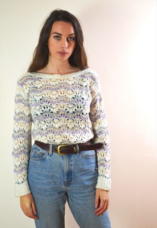90S VINTAGE WHITE & PURPLE PASTEL KNIT JUMPER