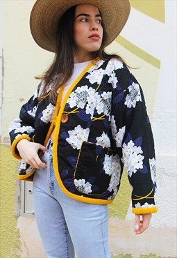 Handmade Quilted Jacket in a Black & White Floral Print