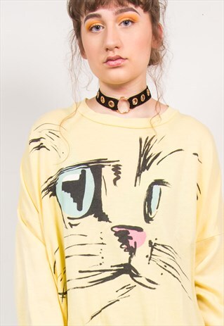 VINTAGE 90'S PASTEL YELLOW CAT SWEATSHIRT