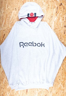 90s Reebok Grey Embroidered Spell Out Logo Hoodie - B2037