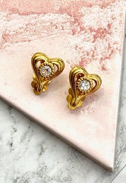 70s Upside Heart Rhinestone Earrings Vintage Jewellery 