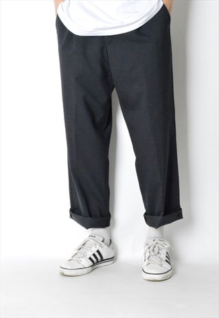 VINTAGE DARK GREY ALMOST BLACK MINIMALIST WOOL BLEND PANTS