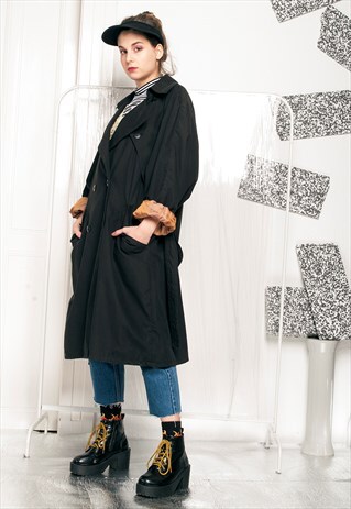 80S VINTAGE BLACK TRENCH COAT