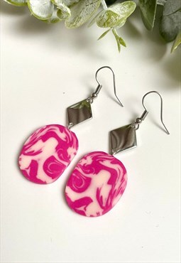 Silver colour pink geometric earrings 