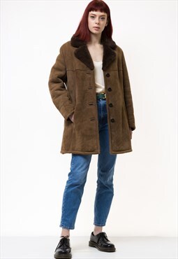 80s Vintage Suede Sheepskin Leather Shearling Coat 5004