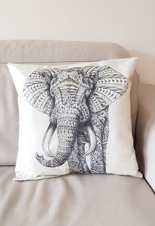 BLACK COTTON ELEPHANT DESIGN CUSHION COVER