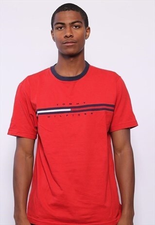 VINTAGE TOMMY HILLFIGER BIG LOGO SPELLOUT T-SHIRT RED