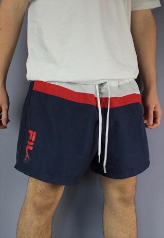 VINTAGE FILA SHORTS IN NAVY WITH PRINTED LOGO AND DRAWSTRING