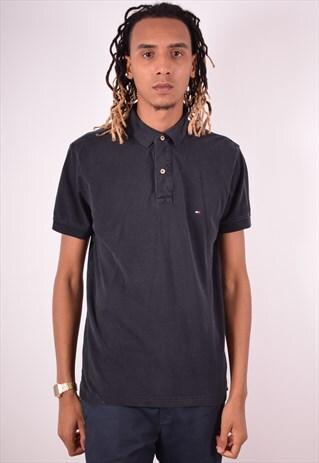 TOMMY HILFIGER MENS VINTAGE POLO SHIRT LARGE BLACK 90S