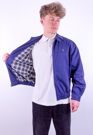 VINTAGE RALPH LAUREN CHECK LINED HARRINGTON JACKET IN BLUE