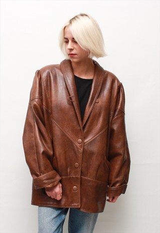 VINTAGE 80' CLASSIC UNISEX BROWN LEATHER JACKET