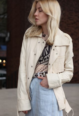VINTAGE 90'S DIESEL BEIGE LEATHER BIKER JACKET