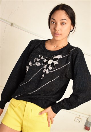 VINTAGE 90S BEADED JUMPER TOP IN BLACK KNIT