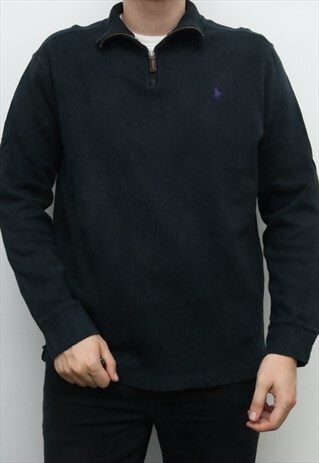 RALPH LAUREN - BLACK EMBROIDERED QUARTER ZIP JUMPER - LARGE