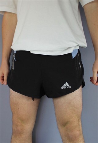 VINTAGE ADIDAS RUNNER SHORTS IN BLACK WITH PRINTED LOGO AND