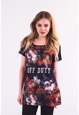 Floral print off duty slogan t-shirt top in black
