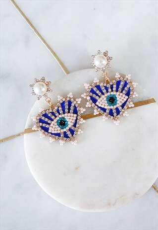GOLD DIAMANTE PEARL HEART EVIL EYE BLUE RHINESTONE EARRINGS