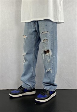 Light Blue Distressed Levis Jeans Mens Paint Splatter Blue
