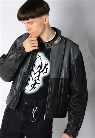VINTAGE 70S BLACK GREY RACING LEATHER JACKET