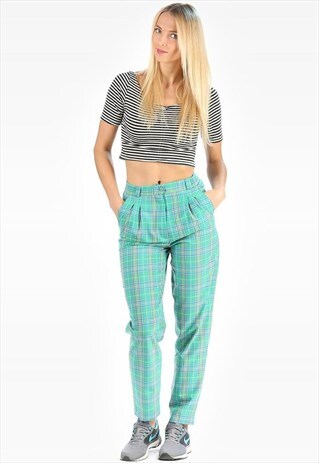 VINTAGE PLAID TAPERED TROUSERS HIGH WAIST TARTAN