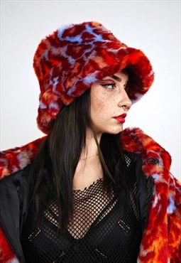 Red leopard bucket hat faux fur animal print festival cap