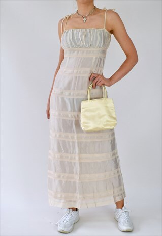VINTAGE 90S Y2K RUCHED BUST CREAM SATIN PEASANT DRESS
