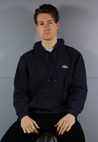 VINTAGE FILA HOODIE IN NAVY BLUE WITH POUCH POCKET AND EMBRO