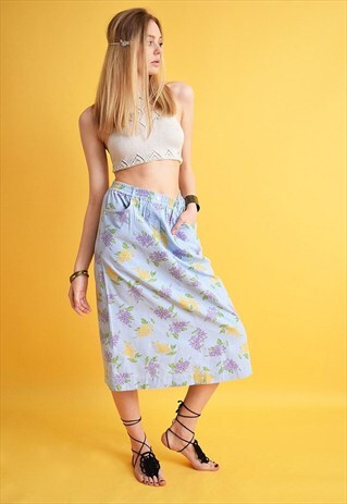 VINTAGE 80'S BOHO FLORAL PRINT FESTIVAL SKY BLUE MIDI SKIRT