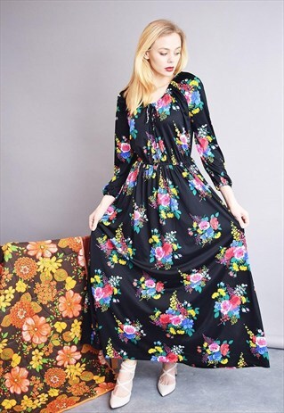 VINTAGE 70'S RETRO FLORAL PATTERN BLACK MAXI ELEGANT DRESS
