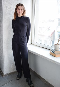 Vtg 70's Black Terry Cloth Towelling Looks Fabric Jumpsuit