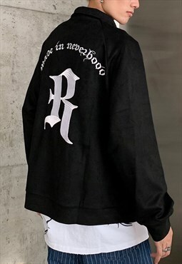 Black embroidered Oversized Suede Sweatshirts Unisex Y2k