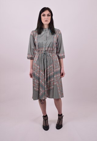 VINTAGE 70'S GREEN CRAZY PRINT DRESS SIZE 10 12 14