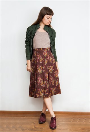 VINTAGE FLOWER PRINT PLEATED BROWN JERSEY SKIRT