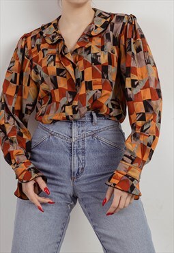 Vintage 90s Multicolor Ruffle Cuff Button Women Blouse M