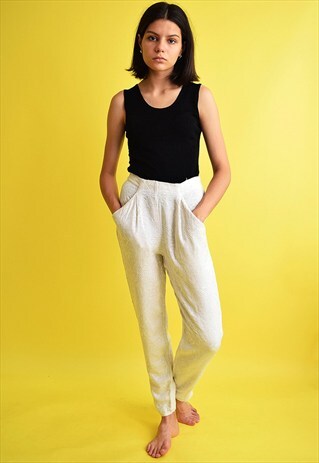 VINTAGE 80'S RETRO TAPERED FLORAL LINEN-LIKE TROUSERS