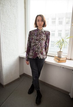 Vintage 70's Grey/Purple Abstract Print Blouse