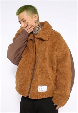Reworked fleece jacket contrast stitch bomber jacket brown