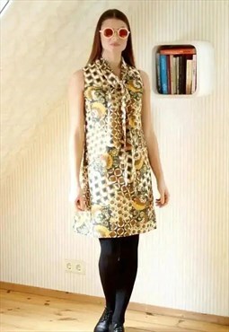 Brown and yellow sleeveless vintage dress with neck tie