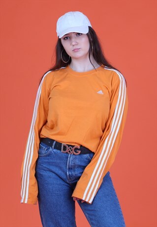 ORANGE/WHITE ADIDAS LONG SLEEVE 3 STRIPES T-SHIRT