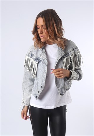 ACID WASH LEATHER TASSEL DENIM JACKET CROPPED UK 12 (53A)