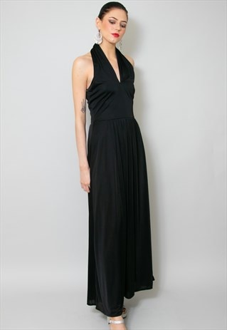 70's Vintage Vera Mont Of Paris Black Halter Neck Maxi Dress